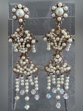 Carolee LUX Faux Pearl Cascade Gold-Tone Chandelier Clip On Earrings in White